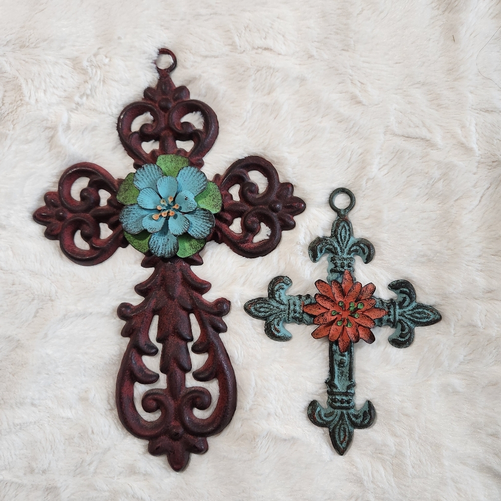 Unique Cast Iron Crosses with Flower Accents (Set Of 2)